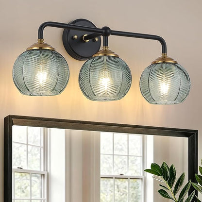 Mecgirn Bathroom Vanity Light Fixtures, 3-Light Green Glass Shade, Modern Black and Gold Wall Sconce, Unique Textured Leaf Pattern, Ceramic E26 Sockets Wall Mounted for Mirror, Cabinet, Hallway