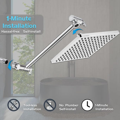 Rain Shower Head, 8'' High Pressure Rainfall Square ABS Showerhead with 11'' Shower Head Extension Arm, Stainless Steel Adjustable Shower Arm Extender, Rainfall Waterfall Fixed Showerheads, Chrome