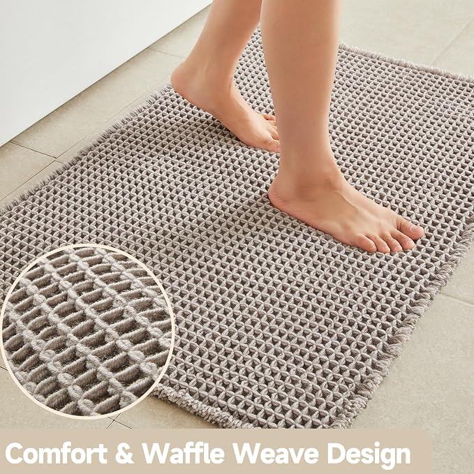 TYUU Waffle Bath Mat, Boho Bathroom Rugs Non Slip, 48x24 Light Grey | Super Absorbent Quick Dry Bath Rug, Non-Slip Backing, Soft Waffle Washable Farmhouse Bathroom Mats, Tub, Shower & Home Decor