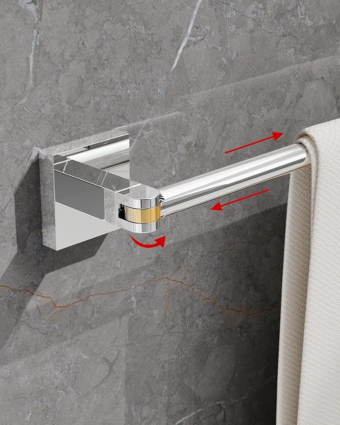 RUACQ Adjustable Towel Bar, Adhesive or Drill Wall Mount Towel Rack, Chrome | Adjust 15.8 to 26 Inch Towel Racks for Bathroom, 304 Stainless Steel Bath Towel Holder, Rustproof, Square Base, Heavy Duty