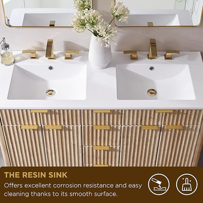 T4TREAM 48" Fluted Bathroom Vanity with Resin Sink Combo，Freestanding Modern Bathroom Storage Vanity Cabinet with Soft Closing Doors & 2 Drawers，Wood Grain Texture，Metal Handle，Natural Oak