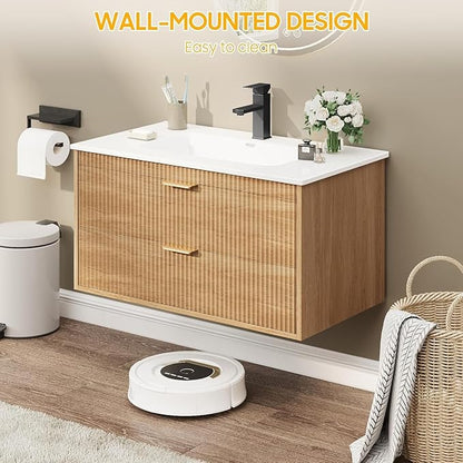 Vabches 30 Inch Bathroom Vanity with Sink, Wood Grain Wall Mounted Vanity with 2 Storage Darwers, Floating Bathroom Vanity with Storage, Bathroom Floating Vanity with Sink, Faucet, Drain, Oak