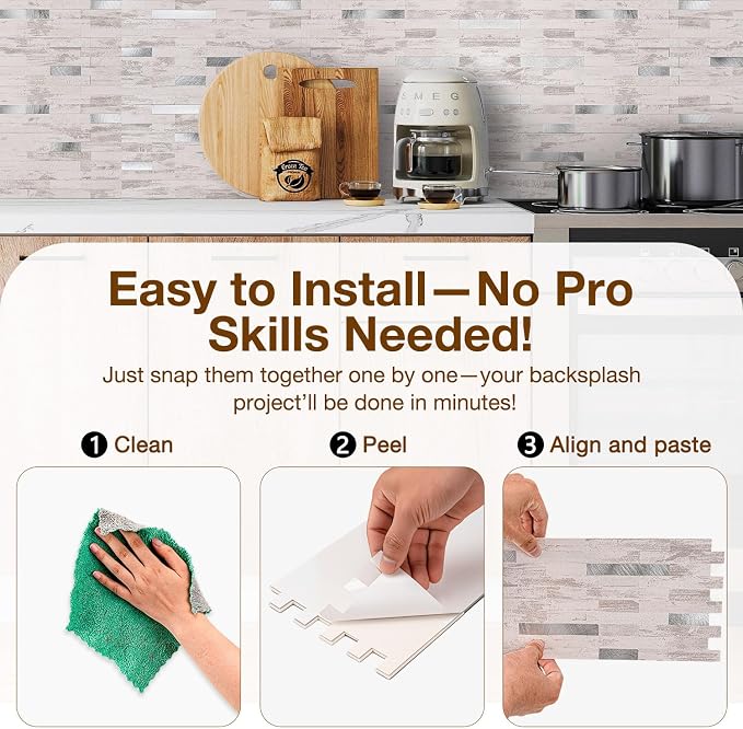 Peel and Stick Backsplash Tile Waterproof Removable PVC Wall Sticker 3D Faux Stone Marble Brick White Accent Panels (Polished Eurasia Silver - Gray, 20 Tiles - 9 sq. ft. (0.84 M²))