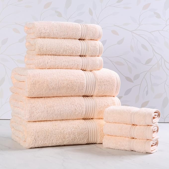 SUPERIOR Egyptian Cotton 9-Piece Towel Set, Assorted Towels for Home Bathroom, Guest Bath Decor Essentials, Includes 3 Bath, 3 Hand, 3 Face Towels/Washcloths, Quick Dry, Absorbent - Peach