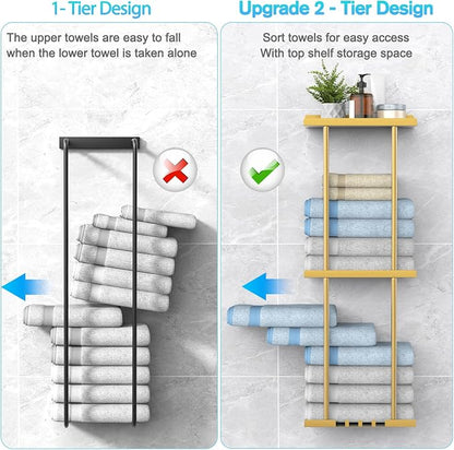 Liuoud Towel Rack for Bathroom, Wall Mounted Vertical Rolled Towel Storage Organizer Holder with Shelf, Holds Up 6 Large Bath Sheets, Gold Large Size