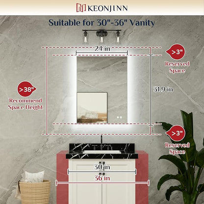 Keonjinn Backlit Mirror Bathroom 24x32 Inch, Tempered Glass, 3 Color Lights | Safe Defogging, High Lumen, Dimmable, French Cleat, Hardwired/Plug in, Smart LED Mirror for Bathroom, Salon, Powder Room