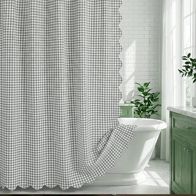 HunnmingRe Scalloped Gingham Shower Curtain Sage Green | 72'' x 72'' Vintage Farmhouse Curtain, Cotton Cottage Core Rural Checkered Plaid Decor, Fall Shower Curtain for Bathroom