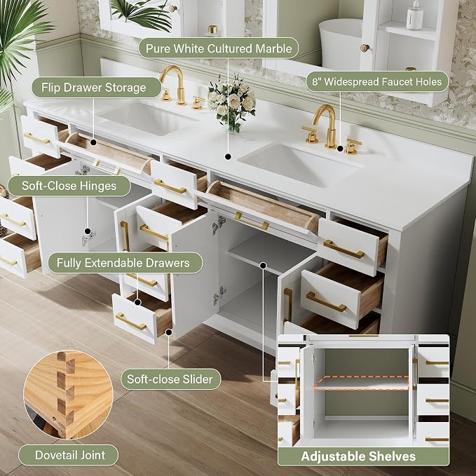 84-Inch Bathroom Vanity with Double Sinks W/ 4 Doors & 12 Drawers & 2 Flip Drawers, White Vanity W/Brushed Gold Handles
