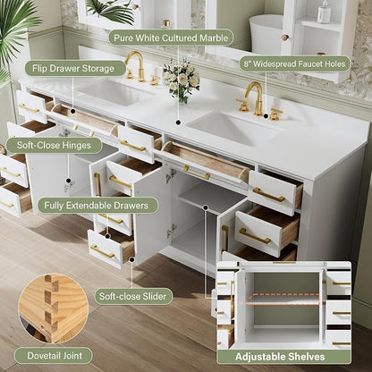 84-Inch Bathroom Vanity with Double Sinks W/ 4 Doors & 12 Drawers & 2 Flip Drawers, White Vanity W/Brushed Gold Handles