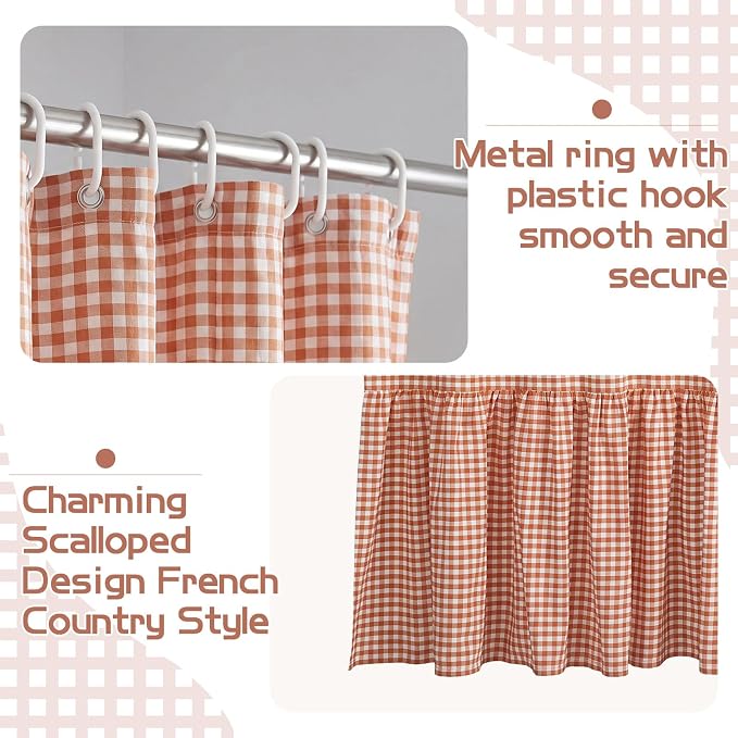 HunnmingRe Ruffle Hem Gingham Shower Curtain, Orange Farmhouse | Waterproof Fabric for Bathroom, Machine Washable, Standard Size Fits Most Tubs, Farmhouse Cottage Style Decor