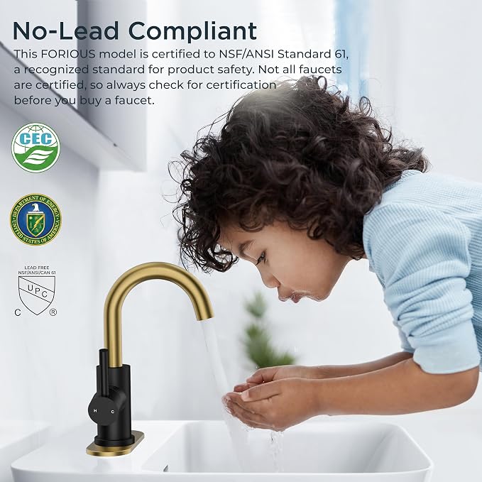 FORIOUS Bathroom Faucet 1 Hole Single Handle Sink Faucet Black and Gold | with 6-inch Deck Plate for 1 or 3 hole(4-inch centerset)Sink Setup, Supply Lines and Drain, Swivel for Bar Kitchen RV Vanity