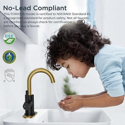 FORIOUS Bathroom Faucet 1 Hole Single Handle Sink Faucet Black and Gold | with 6-inch Deck Plate for 1 or 3 hole(4-inch centerset)Sink Setup, Supply Lines and Drain, Swivel for Bar Kitchen RV Vanity