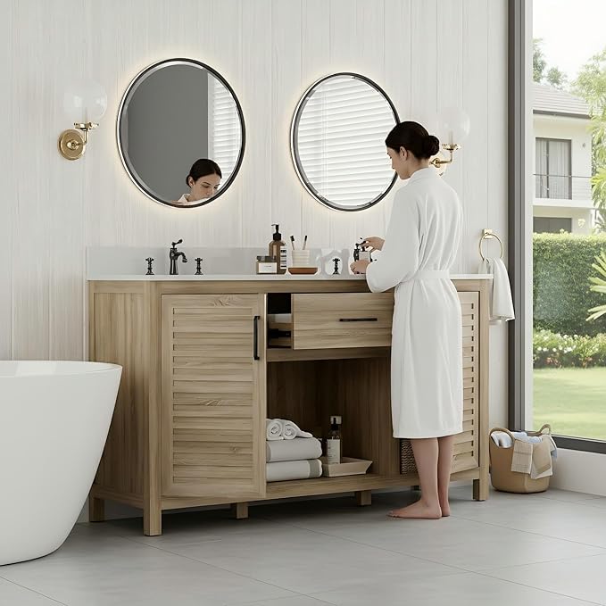 60" Brown Bathroom Vanity with Double Ceramic Sinks | Pre-Assembled Bathroom Vanity Cabinet with Quartz Countertop & cUPC Ceramic Basins, Modern Freestanding Bath Cabinet with Soft-Close Doors
