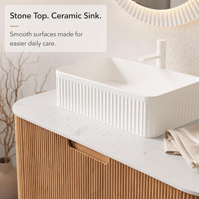 36 Inch Bathroom Vanity with Sink, Floating Wall Mounted Single Sink Vanity, Natural Woodgrain Curved Fluted Front, Stone Top, White Textured Rectangular Vessel Basin, Pre-Assembled