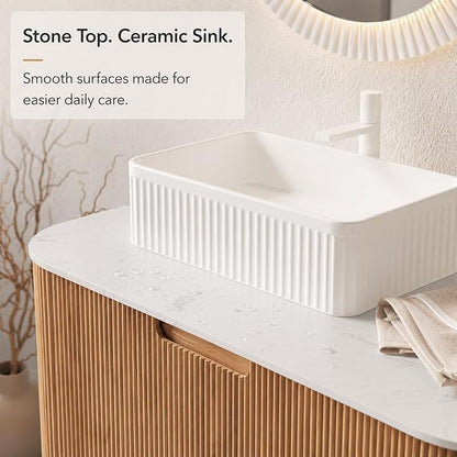 36 Inch Bathroom Vanity with Sink, Floating Wall Mounted Single Sink Vanity, Natural Woodgrain Curved Fluted Front, Stone Top, White Textured Rectangular Vessel Basin, Pre-Assembled
