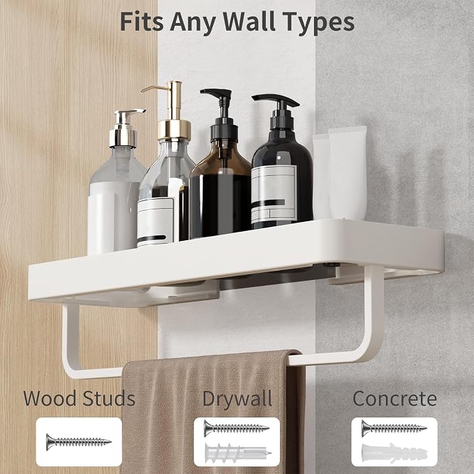 16 Inch Long Floating Bathroom Shelf with Towel Bar, Clear Tempered Glass Wall Shelf with Hand Towel Holder for Bathroom Storage Organizer, Matte White