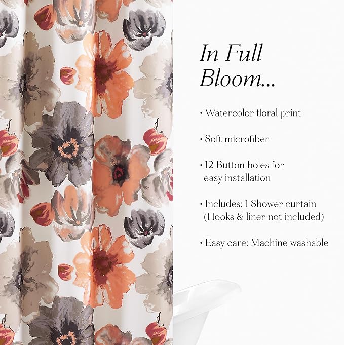 Lush Decor Leah Floral Shower Curtain, 72" W x 72" L, Coral & Gray - Fabric Shower Curtains - Watercolor Botanical Bathroom Curtain - Farmhouse & French Country Decor