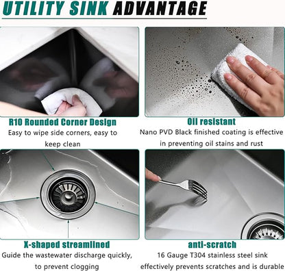 Undermount Laundry Utility Sink with Faucet, 23"x18"x12" Black Stainless Steel Laundry Sink Undermount Utility Sink Laundry Room Sink 16 Gauge Single Bowl Deep Laundry Sinks