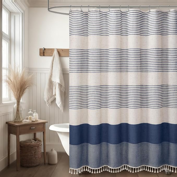 Navy Blue Coastal Ocean Linen Striped Shower Curtain with Tassel 72W X 78L | Long Boho Farmhouse Shower Curtains with Linen Texture for Bathroom Decor