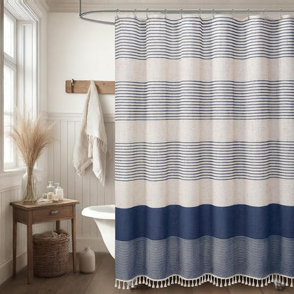 Navy Blue Coastal Ocean Linen Striped Shower Curtain with Tassel 72W X 78L | Long Boho Farmhouse Shower Curtains with Linen Texture for Bathroom Decor