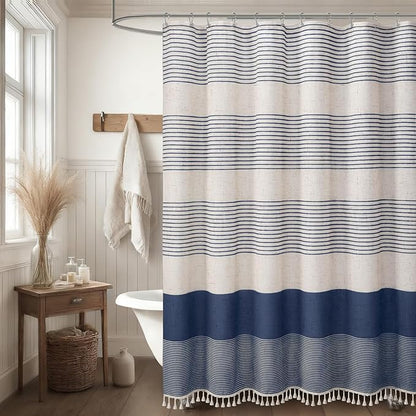 Navy Blue Coastal Ocean Linen Striped Shower Curtain with Tassel 48W X 72L | Boho Farmhouse Shower Curtains with Linen Texture for Bathroom Decor