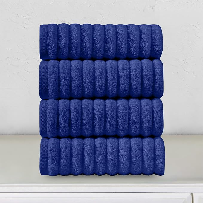 Elegant Comfort Luxury 100% Turkish Cotton Corduroy Ribbed 4 Pack Hand Towel Set 16 x 28 Inch - Absorbent, Super Soft, Quick Dry, Premium Towels for Bathroom, Gym, Spa and Hotel Use, Royal Blue