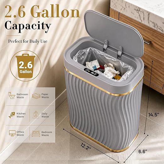 Ogikey Bathroom Small Trash Can with Automatic Touchless Lid, 2.6 Gallon Smart Garbage Can Narrow Waterproof Trash Bin for Bedroom, Office, Living Room