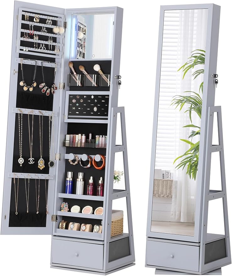 Nicetree 360° Swivel Jewelry Cabinet with Lights, Full Length Mirror, Grey | Standing Mirror Jewelry Cabinet, Lockable Mirror with Storage, Lighted Interior Mirror, Rear Shelves, Flip-over Shelf