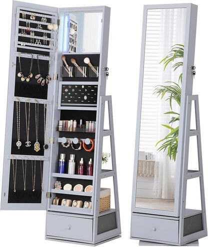 Nicetree 360° Swivel Jewelry Cabinet with Lights, Full Length Mirror, Grey | Standing Mirror Jewelry Cabinet, Lockable Mirror with Storage, Lighted Interior Mirror, Rear Shelves, Flip-over Shelf