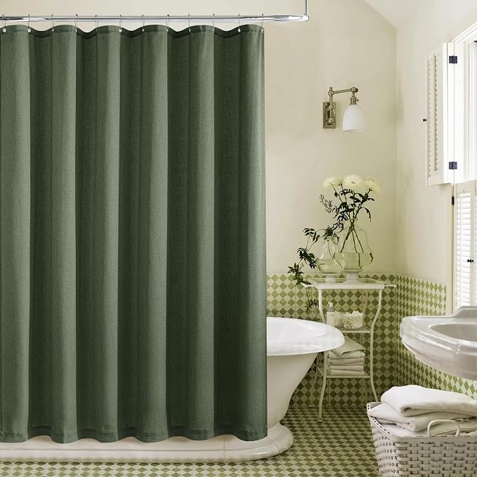 Olive Green Shower Curtain for Bathroom Water Repellent 72x80 Inch | Linen, Boho Farmhouse, Shower Curtains 80 Inches Long, Spring Decor, Hotel Bathtub, Extra Long Drapes Set with Hooks
