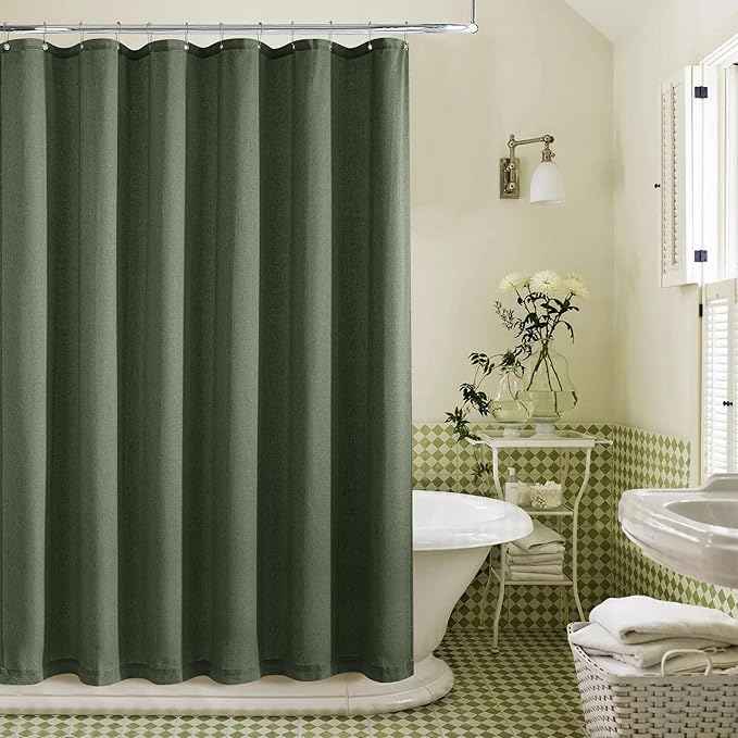 Olive Green Shower Curtain for Bathroom Water Repellent 72x72 Inch | Linen, Boho Farmhouse Aesthetic, Shower Curtains 66 Inches Long, Dark Green, Spring Bath Decor, Sheer Cloth, with Hooks Sets
