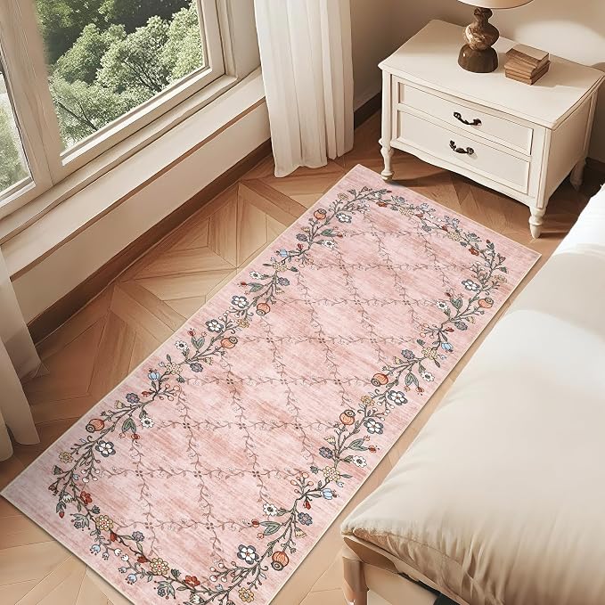 2x6 Modern Floral Area Rug Washable Runner Rug for Hallway Non Slip Low-Pile Stain Resistant Soft Non-Shedding Bathroom Rugs for Nursery Office Dining Room Entryway，Pink