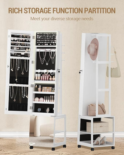 Hzuaneri Jewelry Cabinet with Light strip, 66.5-inch mirror Jewelry Armoire Standing with Garment Rack,Movable Full-length Mirror with Wheels,Lockable Storage Shelves with Hooks, White JC17103B