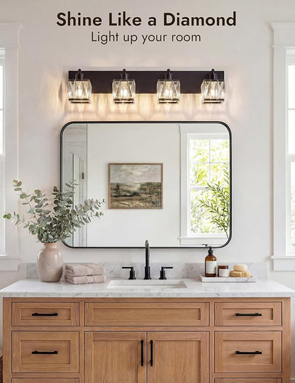 VOLISUN Black Bathroom Light Fixtures, Modern Bathroom Lighting Fixtures Over Mirror, 4 Light Bathrooms Vanity Light, Crystal Vanity Light for Bathrooms-UL Certificated(Exclude Bulb)