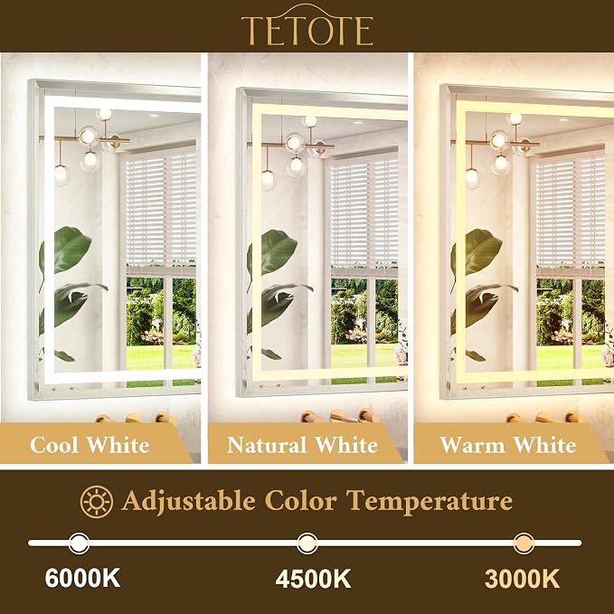 Led Bathroom Mirror 30 x 36 with Brushed Nickel Frame Anti-Fog Frontlit & Backlit Vanity Mirror Stepless Dimmable 3 Colors White/Warm/Natural Wall-Mounted