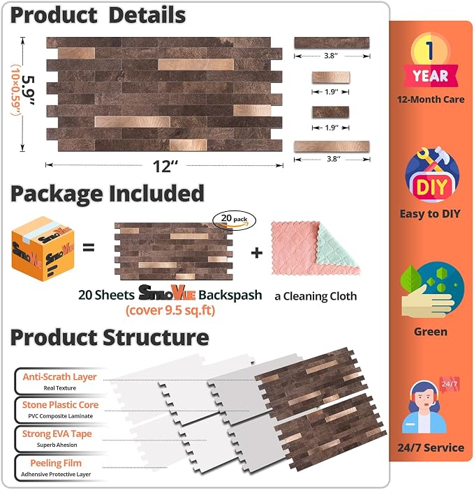 StyloVue 20 Sheets Peel and Stick Backsplash for Kitchen, Dark Brown with Metal Gold Look Stick on Tile Upgrade Your Kitchen Backsplash, RV, Fireplace