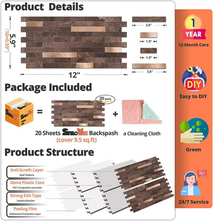 StyloVue 20 Sheets Peel and Stick Backsplash for Kitchen, Dark Brown with Metal Gold Look Stick on Tile Upgrade Your Kitchen Backsplash, RV, Fireplace