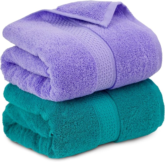 Cleanbear Soft Bath Towels Set of 2, Cotton, 55" x 27" Lavender & Turquoise | Thick & Highly Absorbent Shower Towels for Body Drying, Bathroom, Guest Bathroom, Gym, Pool