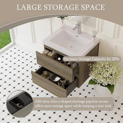 24 Inch Floating Bathroom Vanity with Sink, Large Storage Wall Mounted Floating Vanity with Soft Close Drawers, One-Piece Basin Bathroom Sink Cabinet (Ash Grey, 24 Inch)