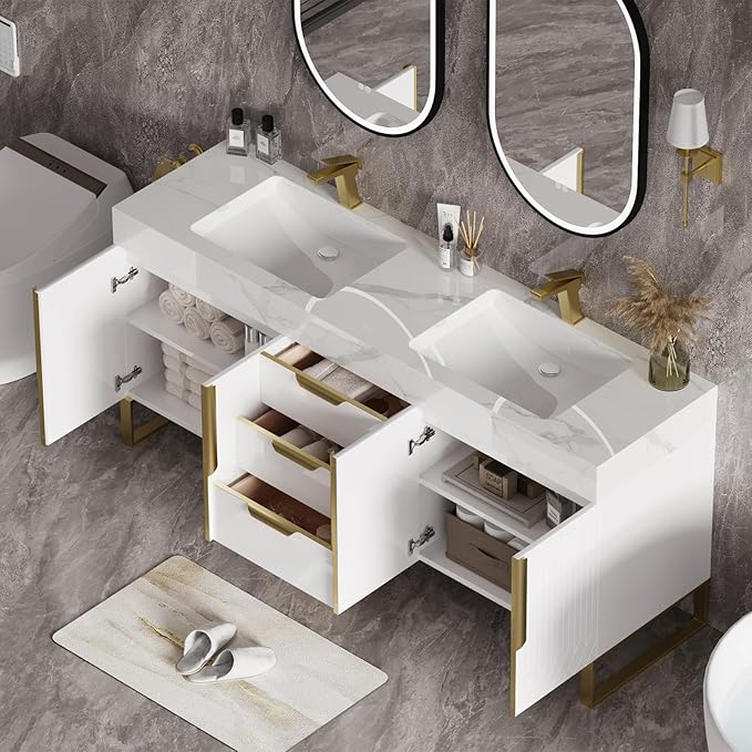 homary 60" Freestanding Bathroom Vanity Set with Double Sink, Modern Bathroom Sink Cabinet Storage Cabinet with Sintered Stone Countertop and Ample Storage, White