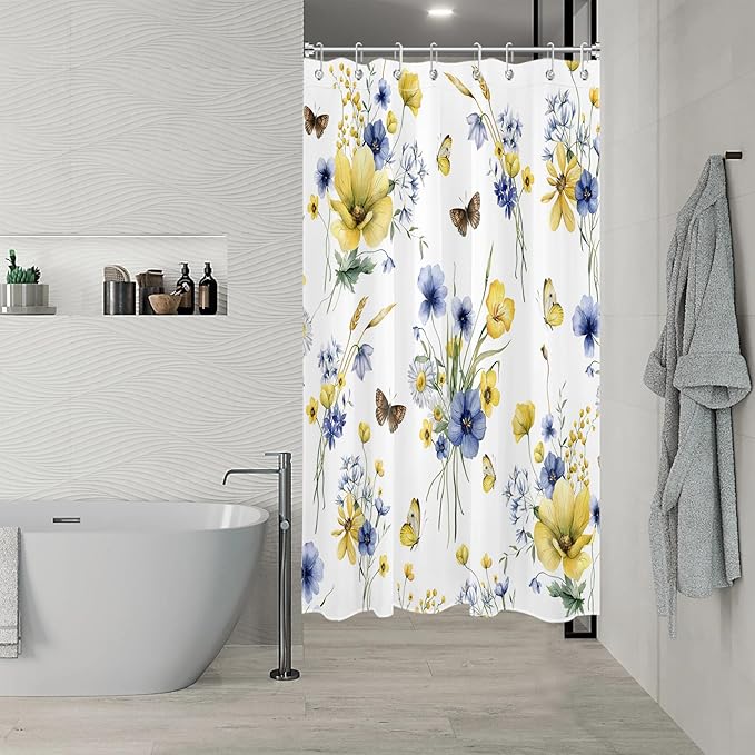 HVEST Farmhouse Floral Shower Curtain with Hooks, Blue and Yellow Flower and Butterfly on White Shower Curtain for Bathroom, Rustic Wildflower Bathroom Curtains Shower Set, 48X72 inch
