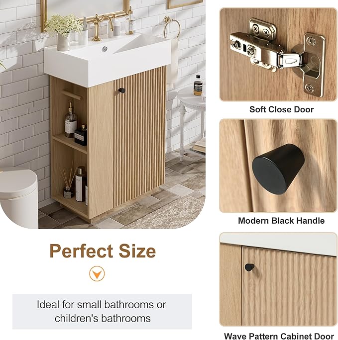 Merax Small Bathroom Vanity, Modern Floor Standing Bathroom Vanity with Sink, Ceramic Sink Vanity with Side Storage Shelves and Toilet Paper Holders, Oak