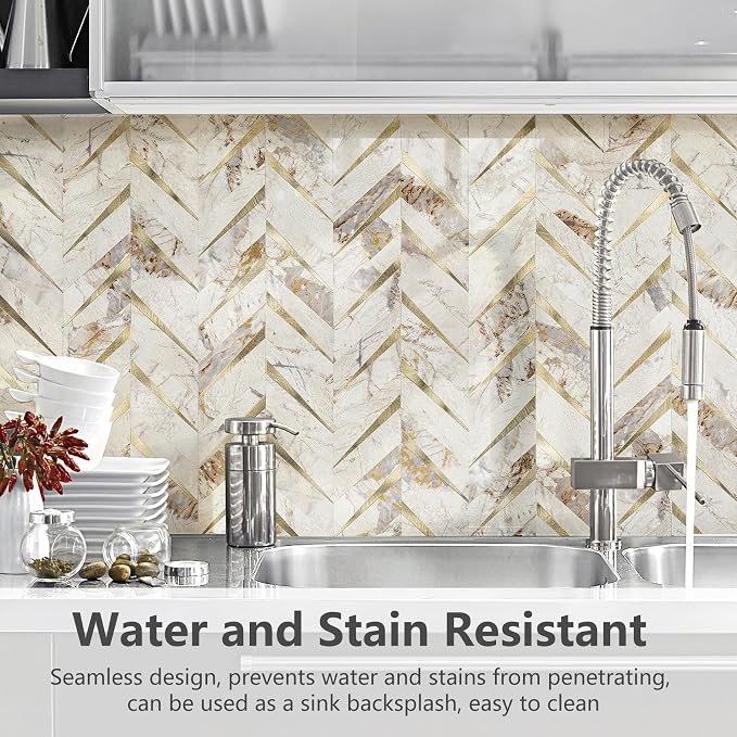 STICKGOO Herringbone Tile Peel and Stick Backsplash for Kitchen&Bathroom | 10-Sheet Self Adhesive Wall Tiles, Polished Pandora Marble Mixed Metal Gold PVC Stick on Backsplash Tile for Kitchen