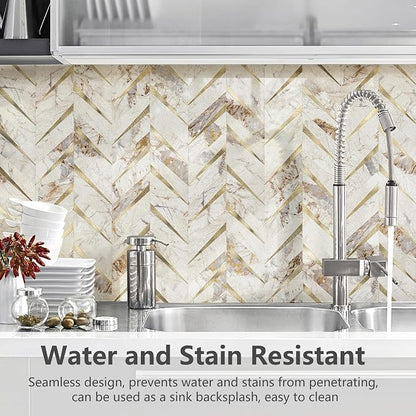 STICKGOO Herringbone Tile Peel and Stick Backsplash for Kitchen&Bathroom | 10-Sheet Self Adhesive Wall Tiles, Polished Pandora Marble Mixed Metal Gold PVC Stick on Backsplash Tile for Kitchen
