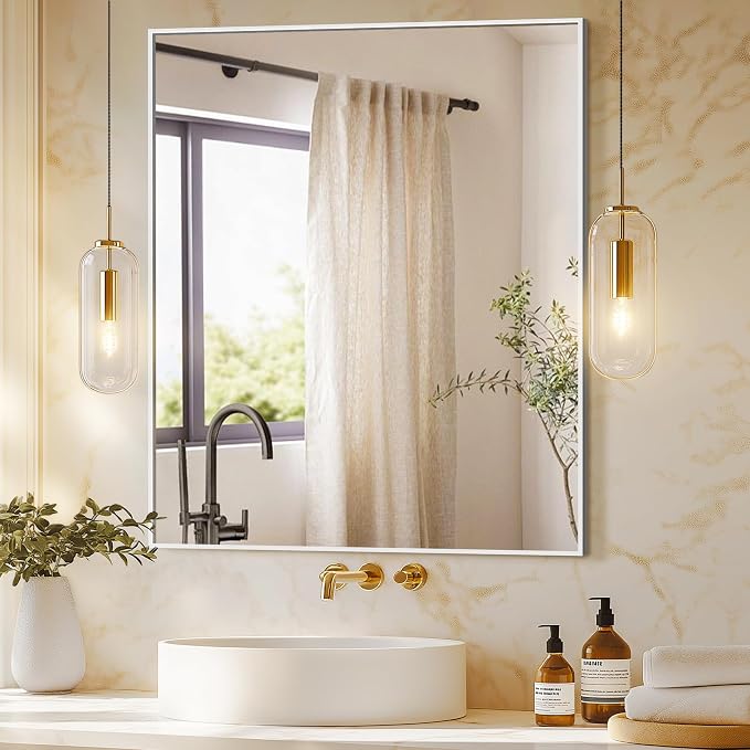 Bathroom Vanity Mirror for Wall, 30"x36" Bathroom Mirror for Over Sink | HD Shatterproof Glass, Rectangular Metal Frame, Horizontally or Vertically, Mirror for Bathroom, Living Room, Entryway,Silver
