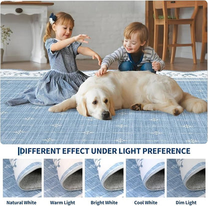 Garvee Washable Rugs for Living Room 8x10 Area Rugs Scalloped Rug Blue | Modern Bordered Non Slip Large Kids Bedroom Carpet Indoor Stain Resistant Floor Cover for Bedroom Dining Room Office Nursery