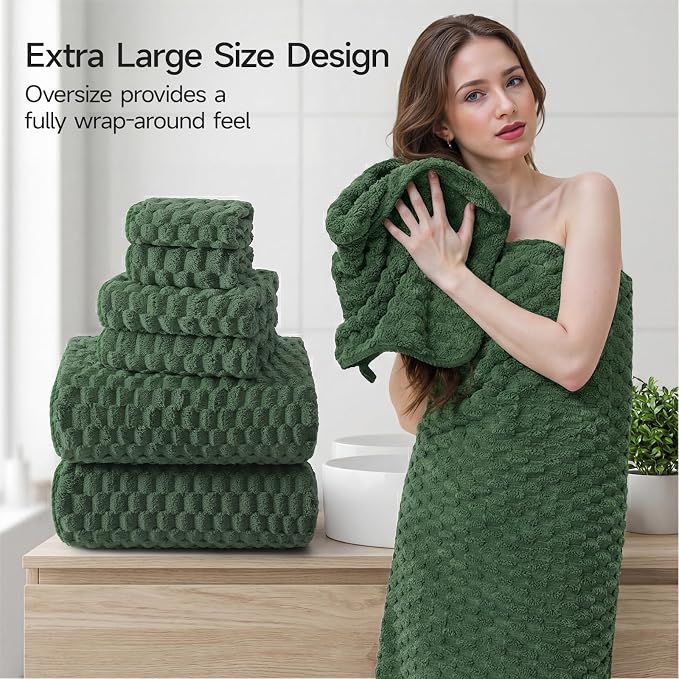 REDKISS Olive Green Microfiber Towels Set of 6-35x70 Inches Oversized Bath Sheets, Extra Large Bath Towels Set of 6, Super Soft Quick Dry Lint Free Absorbent Waffle Microfiber Shower Towels