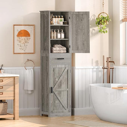 WEENFON Tall Bathroom Cabinet, Storage Cabinet with 6 Shelves & Drawer, Bathroom Storage Cabinet with Adjustable Shelves, Tall Cabinet for Living Room, Home Office, Grey