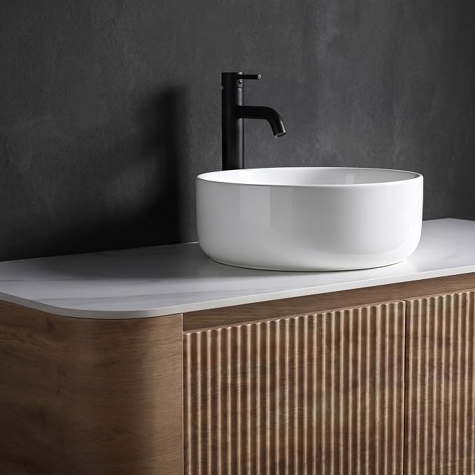 48" Preassembled Floating Bathroom Vanity with Round Sink, Oak | Mid-Century Modern Style, Fluted & Soft-Close Drawer with U-shaped Wall, Sinterted Stone Countertop, Towel Rack Included