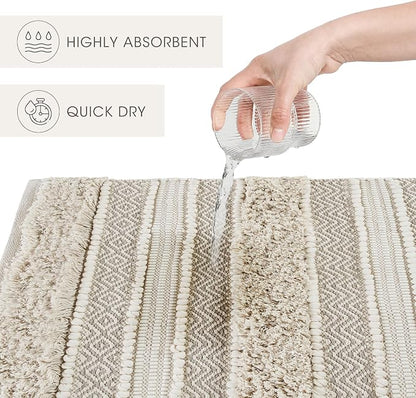 INK+IVY Asher Non-Slip Bath Rug Absorbent Quick Dry, 20 x 32, Natural | Soft Pile, Machine Washable, Striped Pattern, Boho, OEKO-TEX Certified, Hand-Woven Texture, for Bathroom, Shower Room